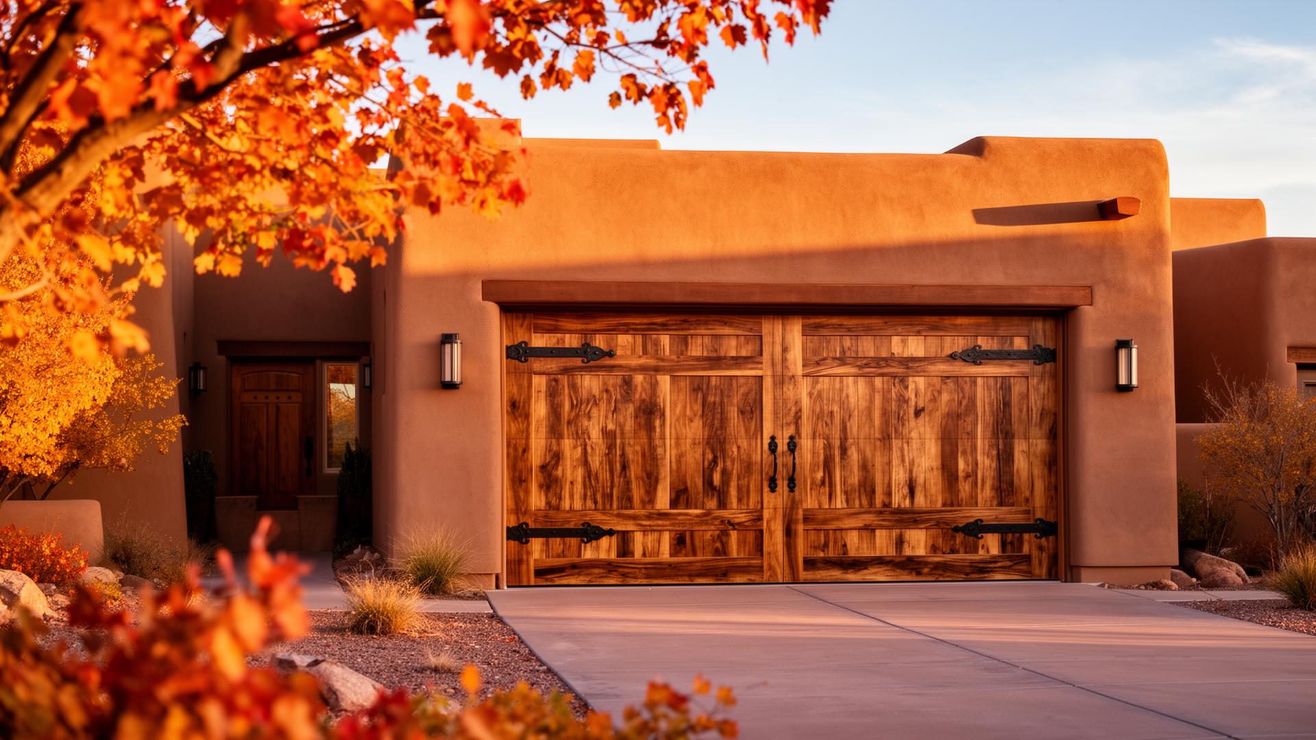 Beautiful carriage-style rustic wood grain garage door with iron strap hinges on adobe home
